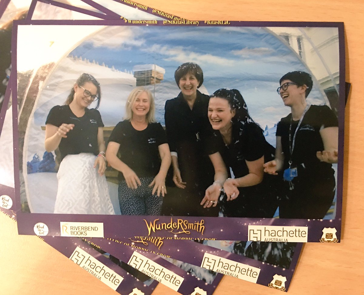 StRitasLibrary's tweet photo. Our #ritasRLaG team having a ball in a GIANT SNOW GLOBE at the #wundersmith launch @RiverbendBooks @HCBoz #StepBoldly https://t.co/yfu95nJ6ss