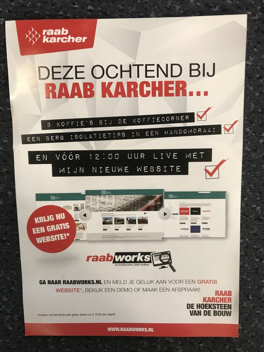 BartJanBakx's tweet photo. #gratiswebsite 1e jaar bij @Raab_Karcher als klant van #RaabKarcher ?
Dat kan: surf 🏄‍♂️🏄🏻‍♀️ naar https://t.co/qDm2itQGQi @RaabWorks en meld je aan. Volg tevens de gratis webinar en laat je informeren. Pak je kans en profileer je als professioneel bouwer #onderscheidendvermogen https://t.co/XOqshtEZ5M