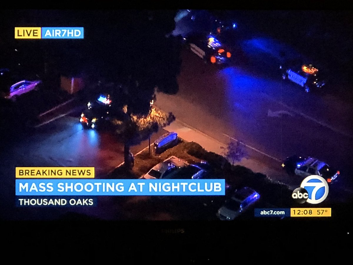 GregLeeKTVU's tweet photo. We’re back on the air with live coverage after reports of a mass shooting at #Borderline in #ThousandOaks. It’s college night, which was always a busy night when I was in school nearby. Gut-wrenching. Very few details so far. Watching anxiously. https://t.co/4a6HUBCarI