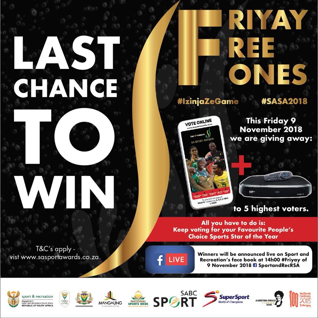 TumeloRapudi's tweet photo. Vote for @caster800m as your favorite People’s Choice Sports Star of the Year 2018!!!

And stand a chance to win a Smartphone accompanied by a @dstvza decoder!!!!

All for the love of the game!!!

#IzinjaZeGame #SASA2018 #FriyayLoading #FriyayFreeFones https://t.co/APbQc1B6V8