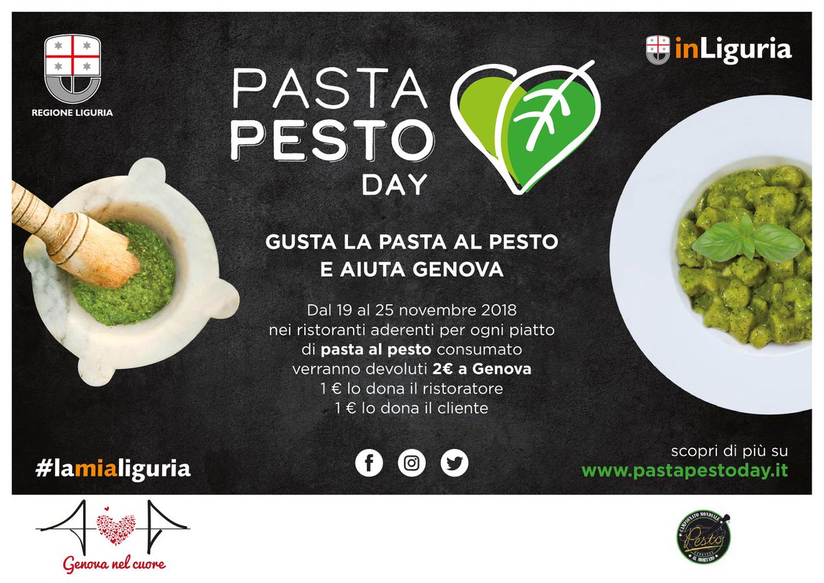 #PastaPestoDay: dal 19 al 25/11 nei ristoranti di tutta Italia ordinando un piatto di pasta al pesto saranno donati 2 Euro a Genova. Sul sito pastapestoday.it l'elenco dei locali aderenti!
