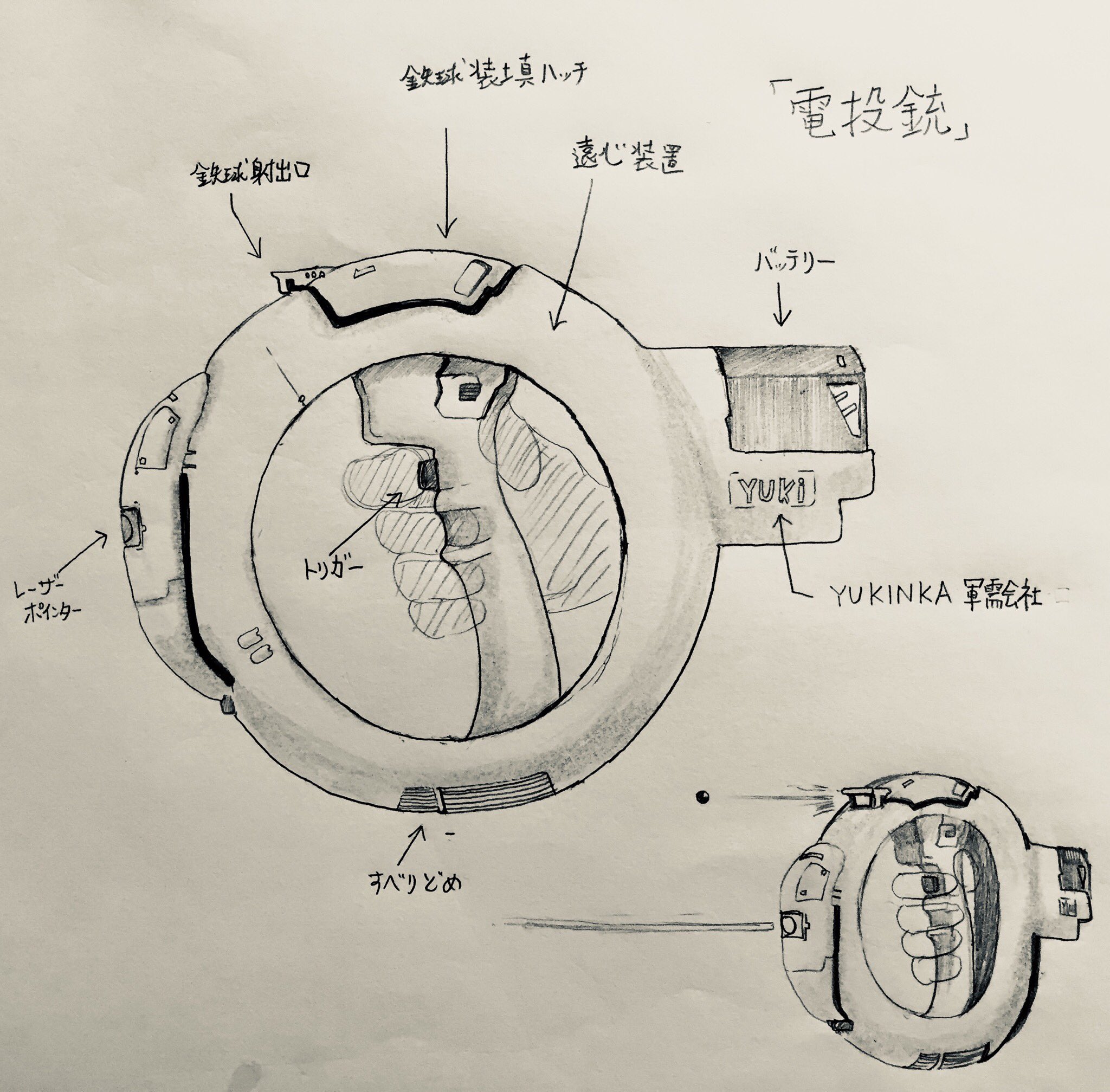 Twitter पर ユキンカ 未来戦記の携帯武器 電投銃 です 小さな鉄球を遠心装置で加速させ 射出する 未来型投石器 です 遠心装置の加速レベルは調整可能 鉄球の速度を 子供のキャッチボール レベルから 人体に風穴をあける レベルまで調整できることを意味し