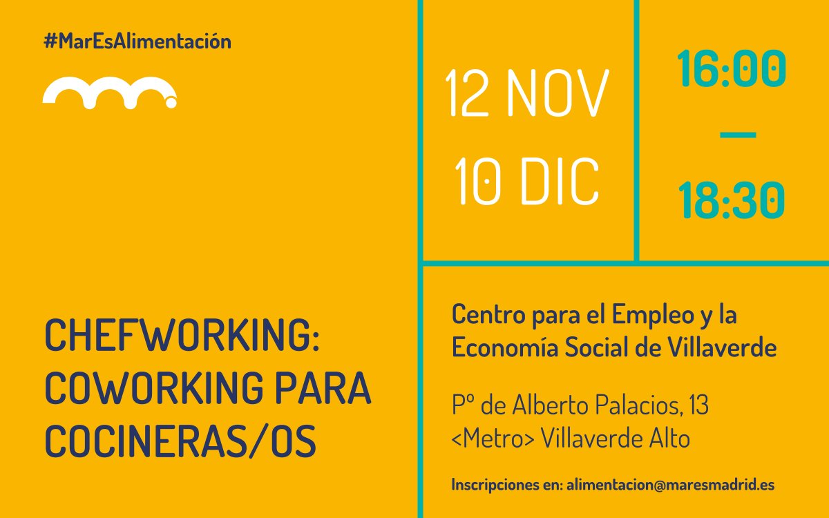 MARES_Madrid's tweet photo. 👩🍳🍴Si eres cocinera/o o te dedicas a la transformación de alimentos y necesitas diseñar tu oferta gastronómica, ¡apúntate al #Chefworking!
🗓️12 de noviembre, 10 de diciembre. 16:00h. #MARESAlimentación #Villaverde
✏️Inscripciones: alimentacion@maresmadrid.es https://t.co/DqPP1MkgPK