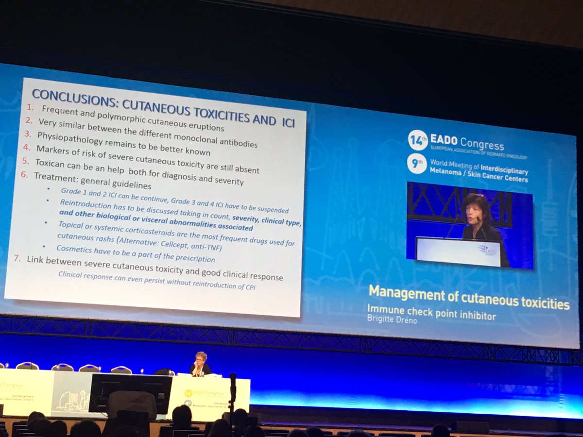 Another exciting day at #EADOcongress2018 how many cutaneous toxicities come with immune checkpoint inhibitors? Great summary by Brigitte Dreno <a href="/TrialsCentre/">NHMRC CTC</a> #melanoma <a href="/_AnnLiv/">Ann Livingstone</a>