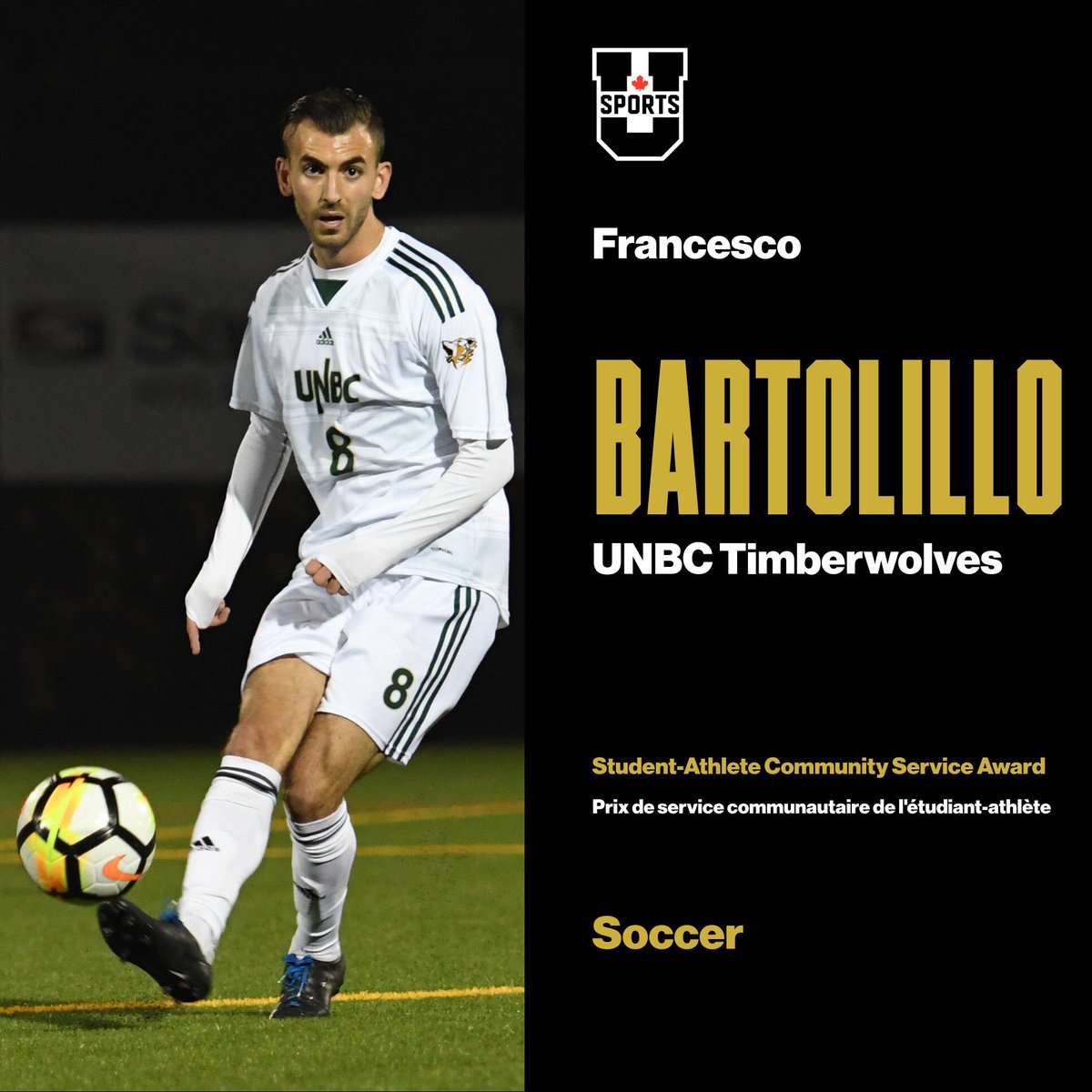 ⚽ Student-Athlete Community Service Award // Prix de service communautaire de l’étudiant-athlète  ⚽
Francesco Bartolillo, <a href="/UNBCATHLETICS/">UNBC Timberwolves</a>
Congratulations! // Félicitations! 
#ChampSZN