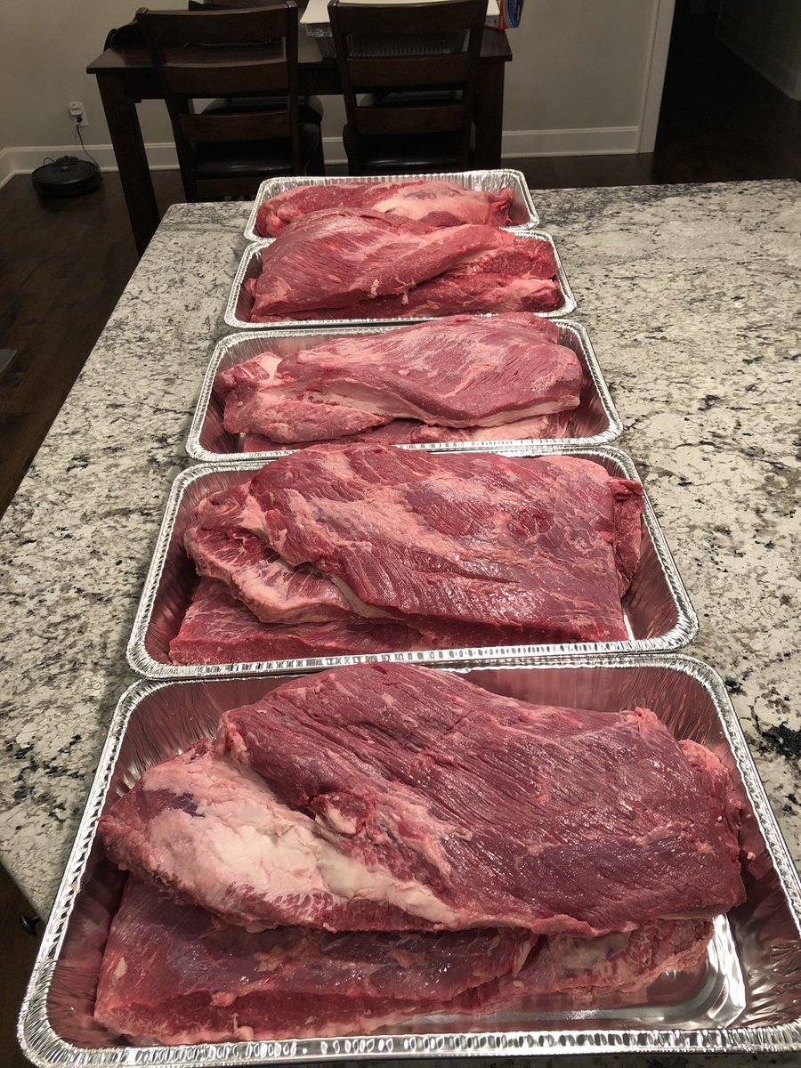 More than 150lbs of brisket trimmed and ready for an early morning meeting with the smoker! C’mon! #cmon #meatsweats #brisket #kcbbq