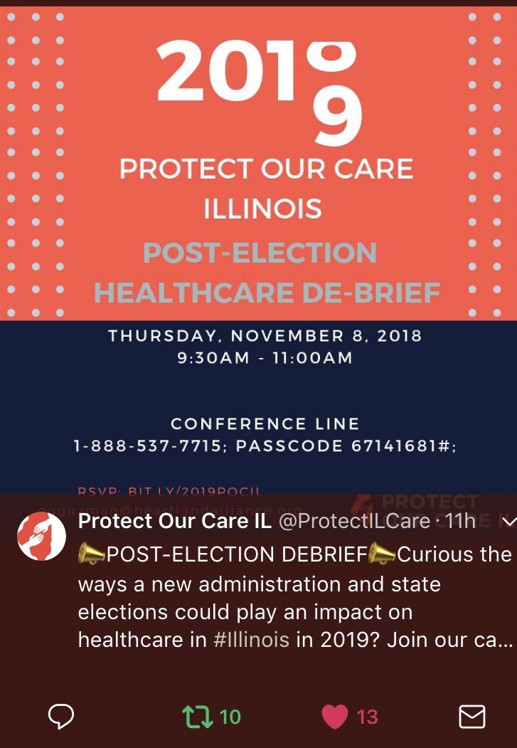 JessicaGimeno's tweet photo. IL peeps join us on @ProtectILCare conference ๐tomorrow-debriefing election results+strategy going forward! 9:30-11 am. #ILsaveACA #Medicaid https://t.co/tYghY1vql8
