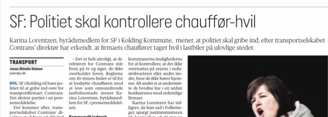 SFKolding's tweet photo. @MF_K_Lorentzen råber ikke eet tit. Men hun kalder på en stærkere politiindsats ift. social dumping i transportbranchen! #dkpol https://t.co/oAw15dnUzC
