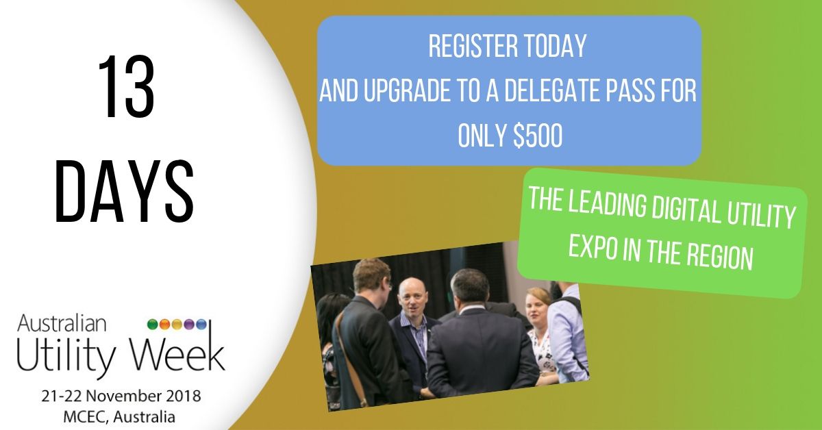 PowerUtilityAU's tweet photo. 13 Days left! Australian Utility Week 2018 is getting closer, be sure to pre-register your delegate passes as only pre-registered passes stand a chance to win attractive prizes at the event, pre-registration closes 16 November 2018. Register: https://t.co/fK5hlIjEB4 #AUSUW18 https://t.co/9Qv9P8FxBY