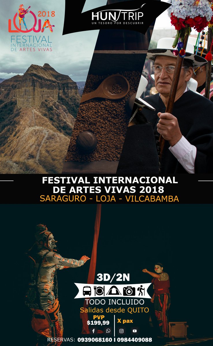 hunttrip's tweet photo. Disfruta de un destino lleno de cultura, tradición y naturaleza #TourArtesVivasLoja2018 .. Vivas las artes en la cuna de artistas 
SALIDAS DESDE #Quito #Cuenca #Guayaquil
@hunttrip
VIVE 
AMA
VIAJA
@TurismoEc  @ViajaPrimeroEC  @MinturZonal7 @AllYouNeedIs_EC #travel #trip #Artes https://t.co/mlQKbtfggE
