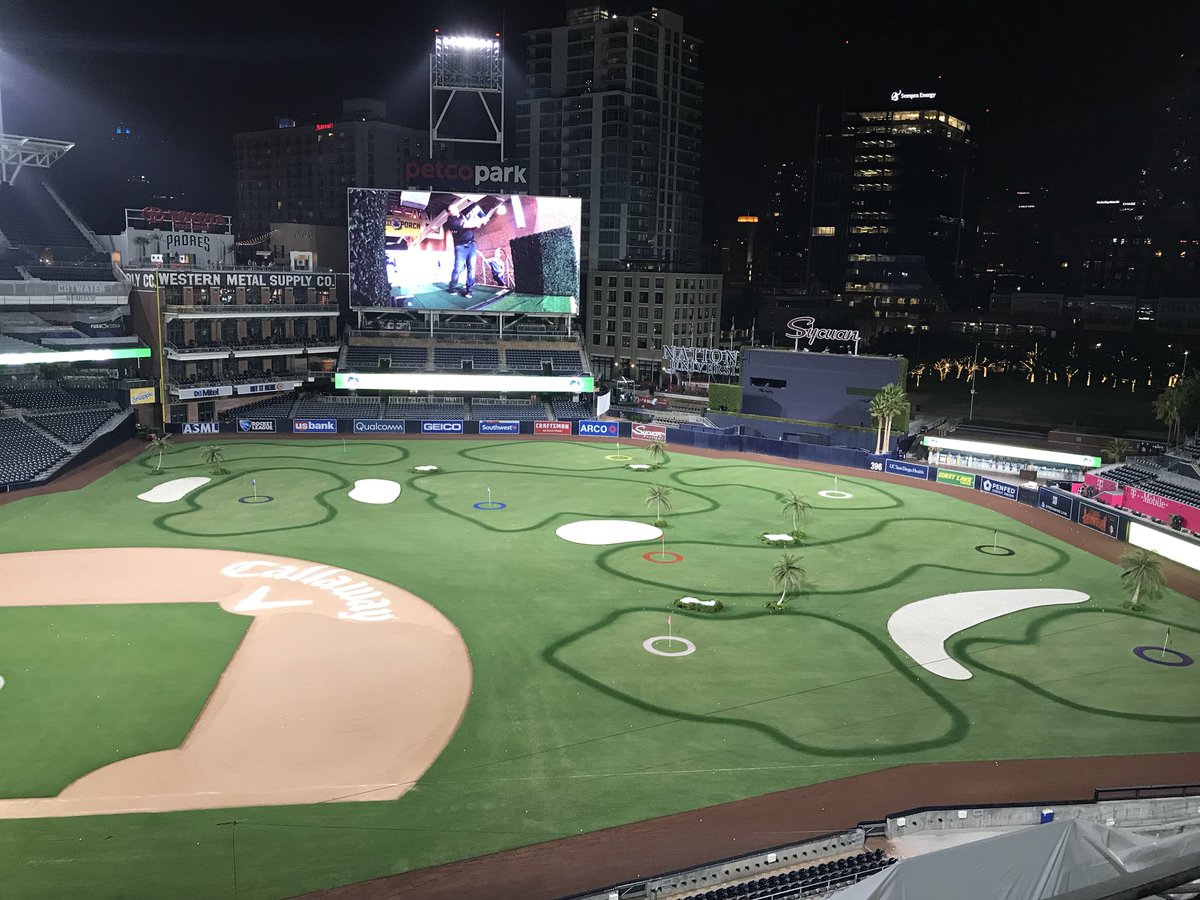 Troon's tweet photo. Some real time pics of #LinksatPetco  tonight at @PetcoPark Props to @CallawayGolf, @PetcoPark &amp; @Padres for another great example of bringing golf to new audiences. #WeAreGolf https://t.co/eEdYVOTVeB