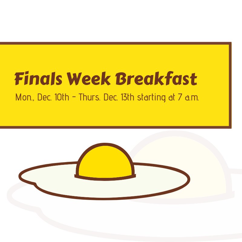isu_wesley's tweet photo. Yes, it is that time of the year again. Mark your calendar for FINALS WEEK BREAKFAST!

Monday, December 10th - Thursday December 13th starting at 7 a.m.
Enjoy a free breakfast! Let us help you rock your finals!  Stay tuned for the latest menu and details! https://t.co/7urPHT5FXJ