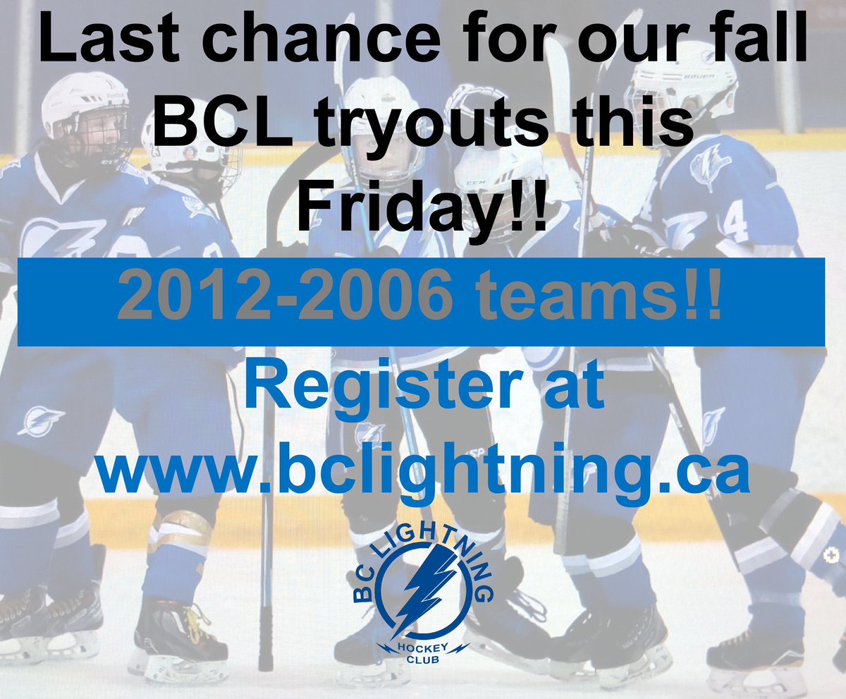 Our final fall evaluation goes this Friday at Langley Twin Rinks for our 2006-2012 spring teams. Register today at bclightning.ca and #ComePlay #BCL
