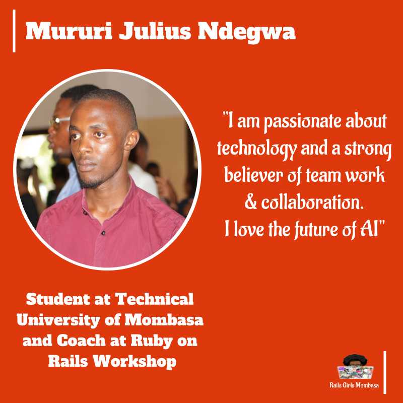 railsgirls_msa's tweet image. One more day to go!!! and our list of coaches is far from being done(when we say we got you covered,we got you covered!)
Welcome @Ndegwa_JM👏👏💃Julius is a dev @SwahiliBox & a student at TUM.We have worked with Julius numerous times & his commitment will wow you!!
#CodingGems