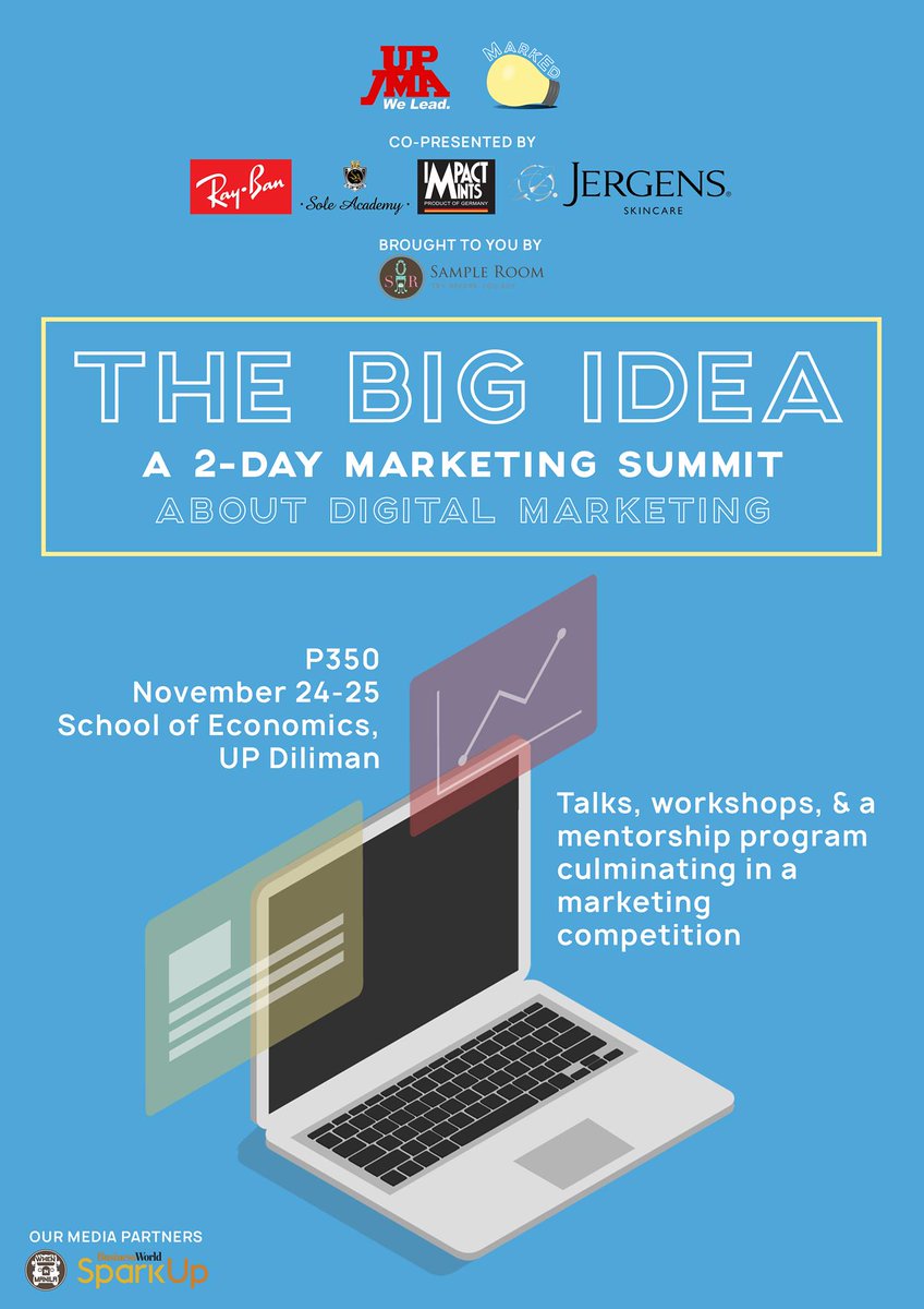 SparkUpPH's tweet photo. SparkUp is a proud media partner of UP JMA MarkEdβs Marketing Beyond The Screen - The Big Idea this November 24 to 25, 8 am - 5 pm, at University of the Philippines, Diliman!
Join now! Go to https://t.co/YjVHZRMh4X for more details and updates!
#MarkEd2018 #BeyondTheScreen https://t.co/aF63JN5NQo