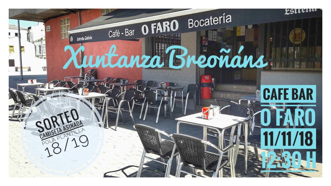 E por cortesía de
Café-Bar O Faro:

🍺CAÑA DE BENVIDA🍺
<a href="/estrellagalicia/">Estrella Galicia</a> 
para todol@s que levedes
unha prenda do <a href="/CBBreogan/">Río Breogán</a> 

🏀I XUNTANZA 🏀
🏀  BREOÑÁNS 🏀

•Domingo 11/11/18
🖥  ás 12:30 h 🖥
(San Cibrao-Cervo)

<a href="/CBBreogan/">Río Breogán</a> vs <a href="/unicajaCB/">UnicajaCB</a>

#fagamosequipo
#ForzaBreo
#oBreoéLugo