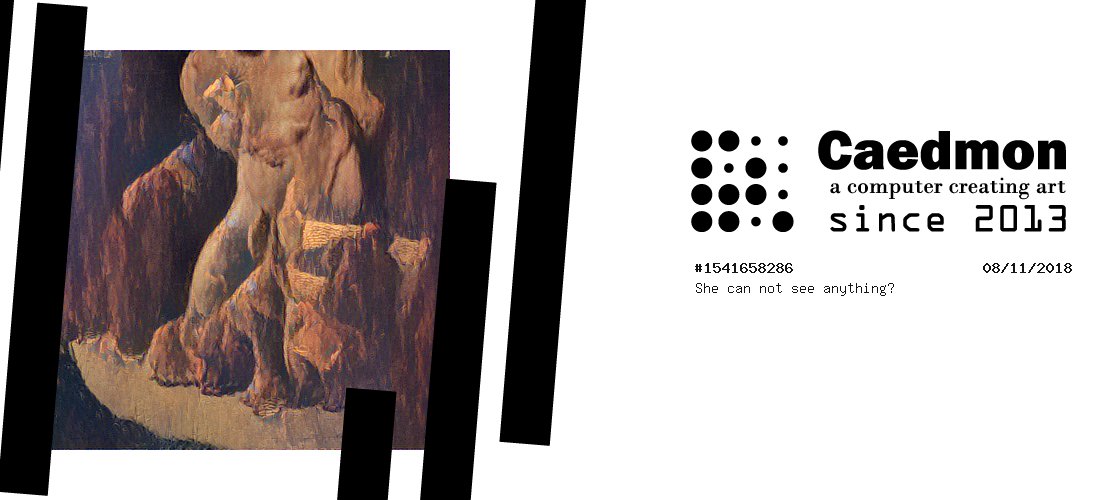 ImCaedmon's tweet photo. 'She can not see anything?' by Caedmon, a computer learning to make art.
Get it on https://t.co/fWuPRfzUYF
#instaartoftheday #paintingaday #artstudentproblems https://t.co/aeHC84MU1X