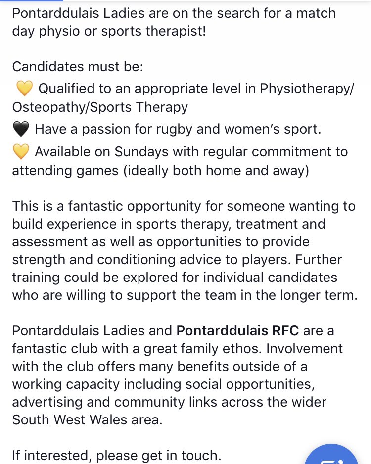 Sports therapist? Physio? Osteopath? Pontarddulais Ladies wants you! Fantastic opportunity for those looking to enhance their sports experience! If interested, get in touch!