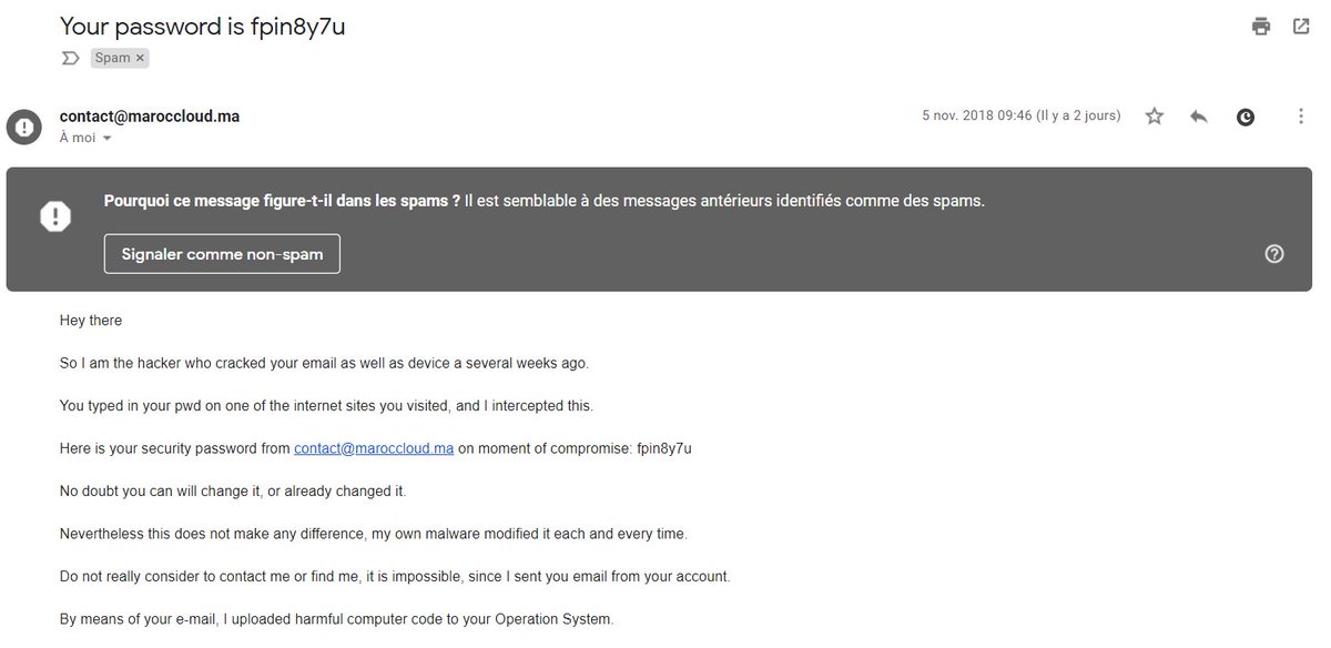 MarocCloudbyMCC's tweet photo. Your password is .... Une tentative d'extorsion touche de nombreuses boîtes emails. Ne vous inquiétez pas mais ayez les bons réflexes →  https://t.co/hq4W2H2GJF https://t.co/sXchMUVxz6