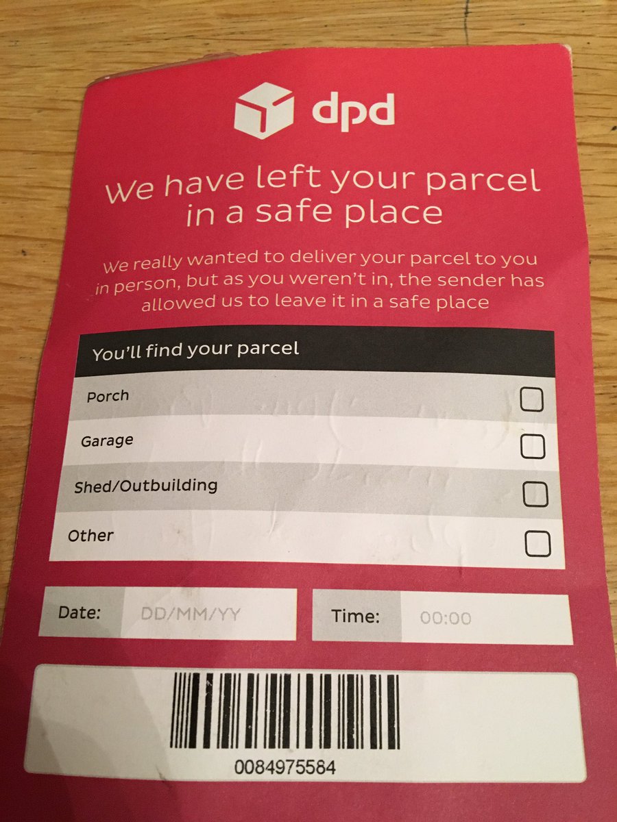 Jenblondy's tweet photo. @DPDgroup_news had a zero info calling card left yesterday and no parcel. Please help. https://t.co/0pB8lrXEdP
