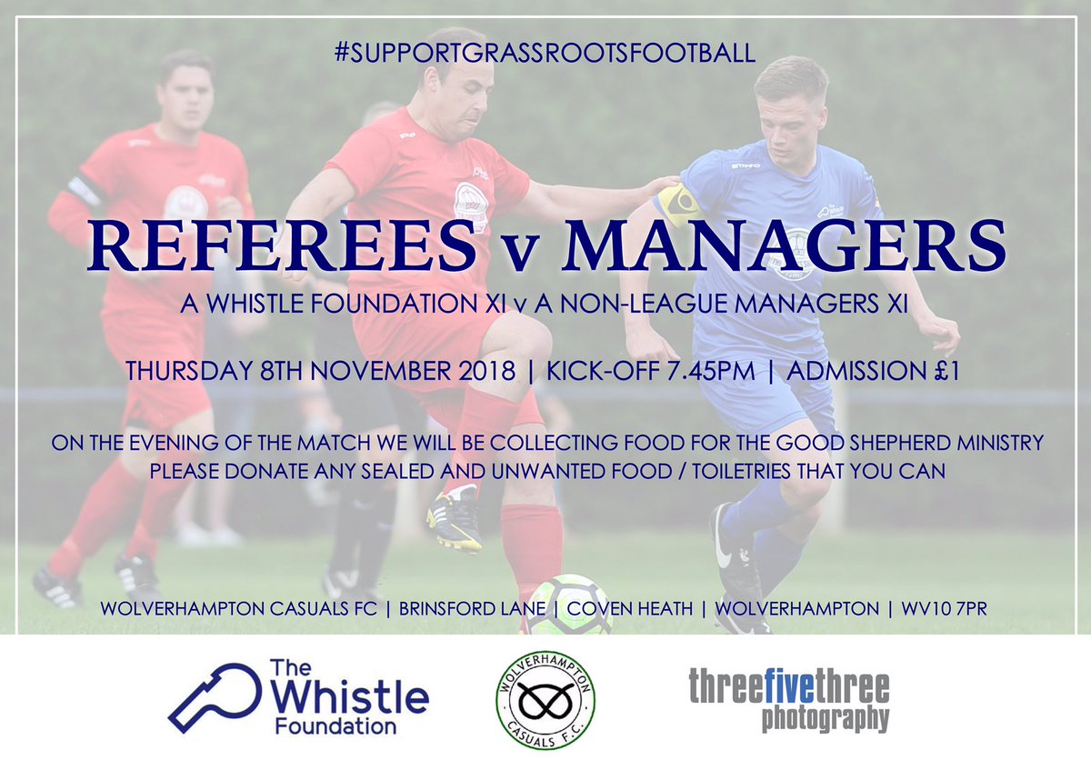 GAMEDAY: Ever had a Manager or Referee give you stick for having a bad game!? Come down to Casuals tonight and repay the favour! £1 entry and collecting food for <a href="/GSM_Wolves/">GSM Wolverhampton</a> ! We would love to get Brinsford Lane rocking with some atmosphere! #RefsvsManagers