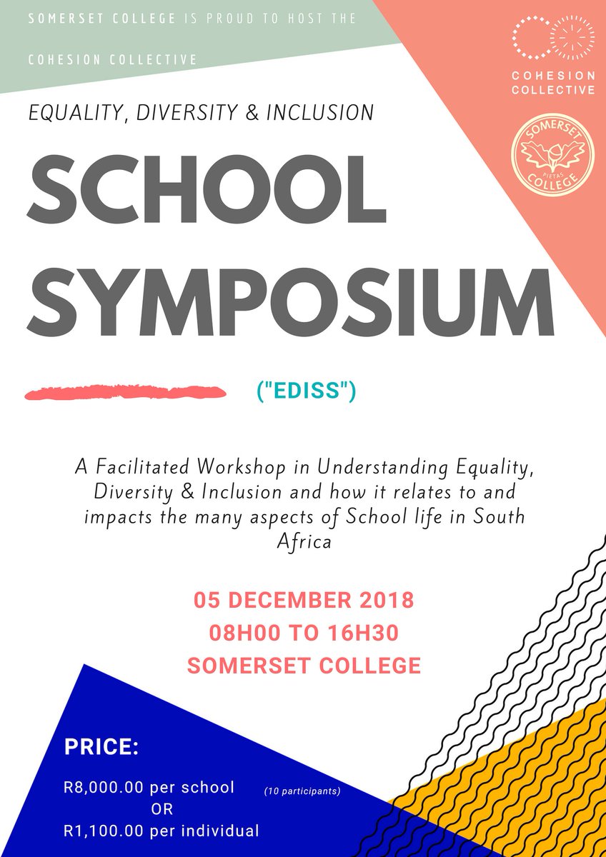 CohesionCollect's tweet photo. Our Equality, Diversity &amp; Inclusion School Symposium ("EDISS") is BACK! Owing to the huge success of our EDISS, Gauteng, we will be running EDISS, Western Cape on 05 December, in partnership with @SomCollegeSport.

Register at https://t.co/OJuP90eE1G 

@WesternCapeGov https://t.co/fiHRUsScaj