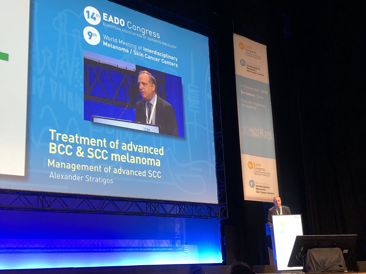 👏🏻 Management of advanced SCC- Alexander Stratigos #EADOCongress2018 Inoperable SCC: Radiotherapy, Chemotherapy (no-selective action); Electrochemotherapy; Targeted therapy- EGFR inhibitors Cetuximab; Immunotherapy (high mutation burden in SCC)- antiPD1 Cemiplimab FDA approved