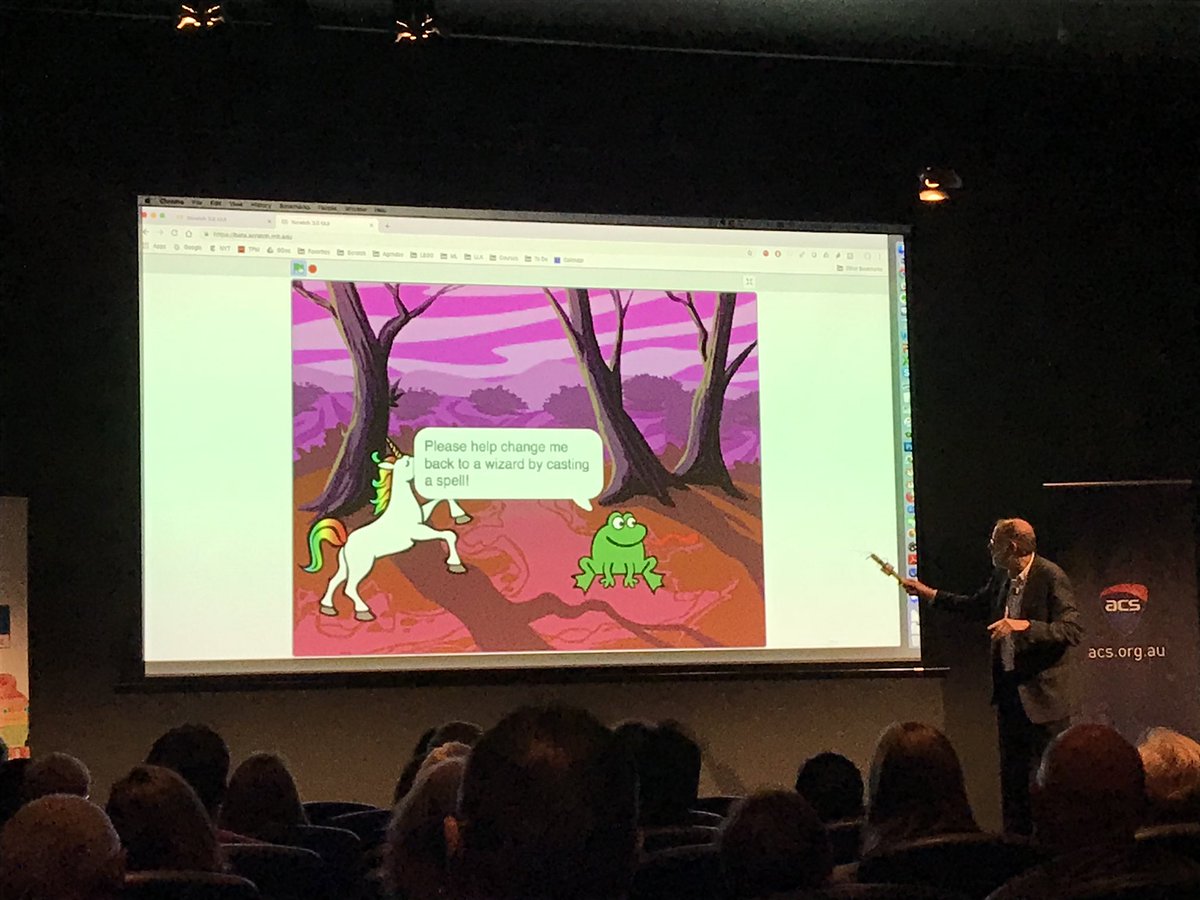 EmpowerDigiTech's tweet photo. How cool is this: micro.bit attached to a wand then coded using Scratch to change the frog into another animal! Playful creations, my mind is bursting with ideas for our students! #ACSLive https://t.co/4a6YBoTaHe