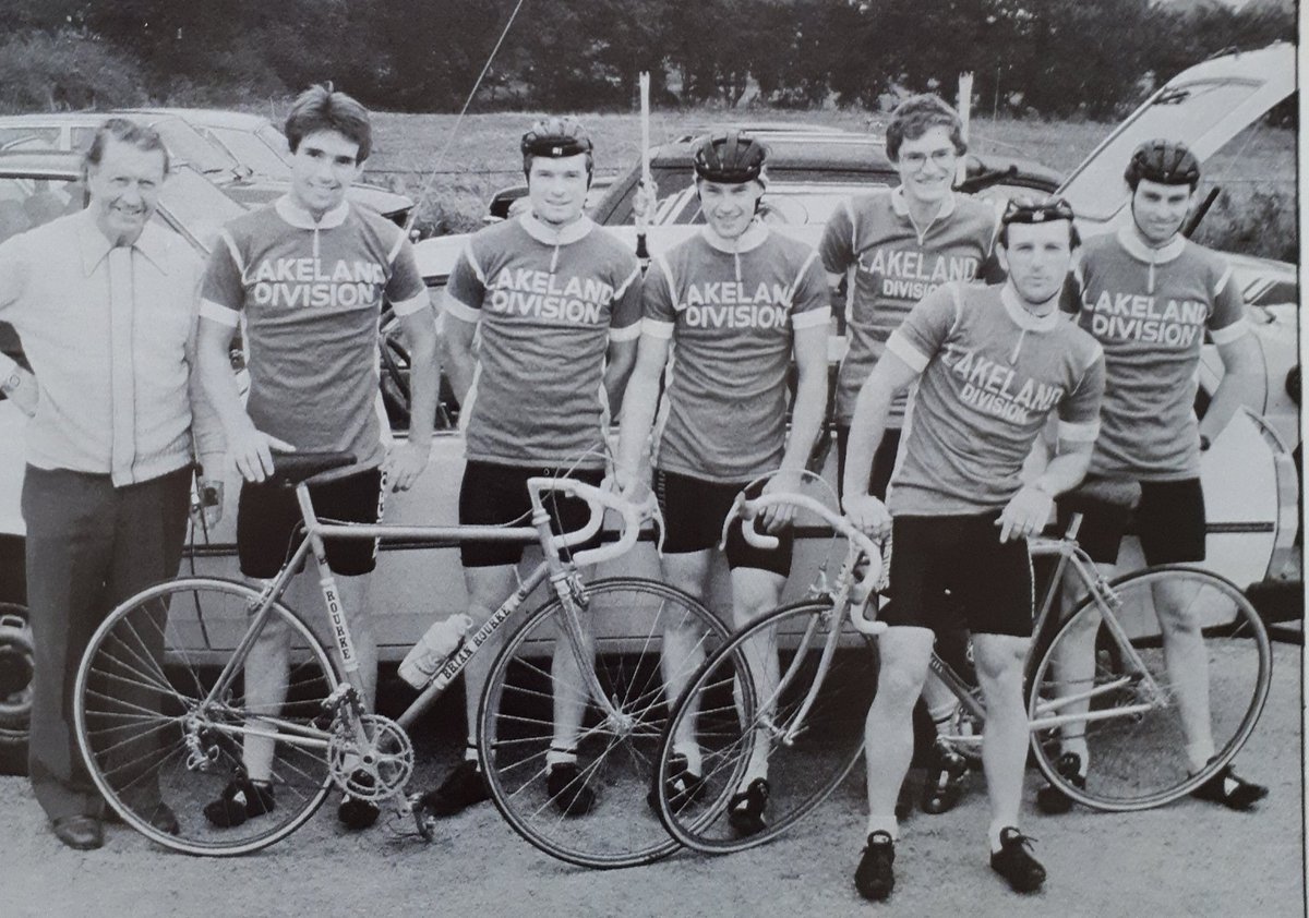BCF Lakeland Division team at the Circuit des Mines, Dave Ferguson, holding bike, Alan Gornall, Roy Holmes, Mark Reed, Tim Schools and Vinny Smith.