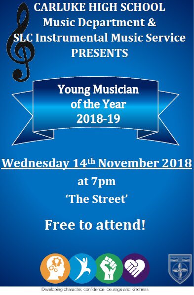 CarlukeHS_Music's tweet photo. It’s time for our annual Young Musician of the Year- Wednesday 14th Nov @ 7pm. What better way to spend an evening than listening to our wonderful musicians compete for the titles of Junior and Senior Young Musician 2018! FREE TO ATTEND!🎵 #ym2018 #musiced #character #confidence https://t.co/lycWXmH6fX