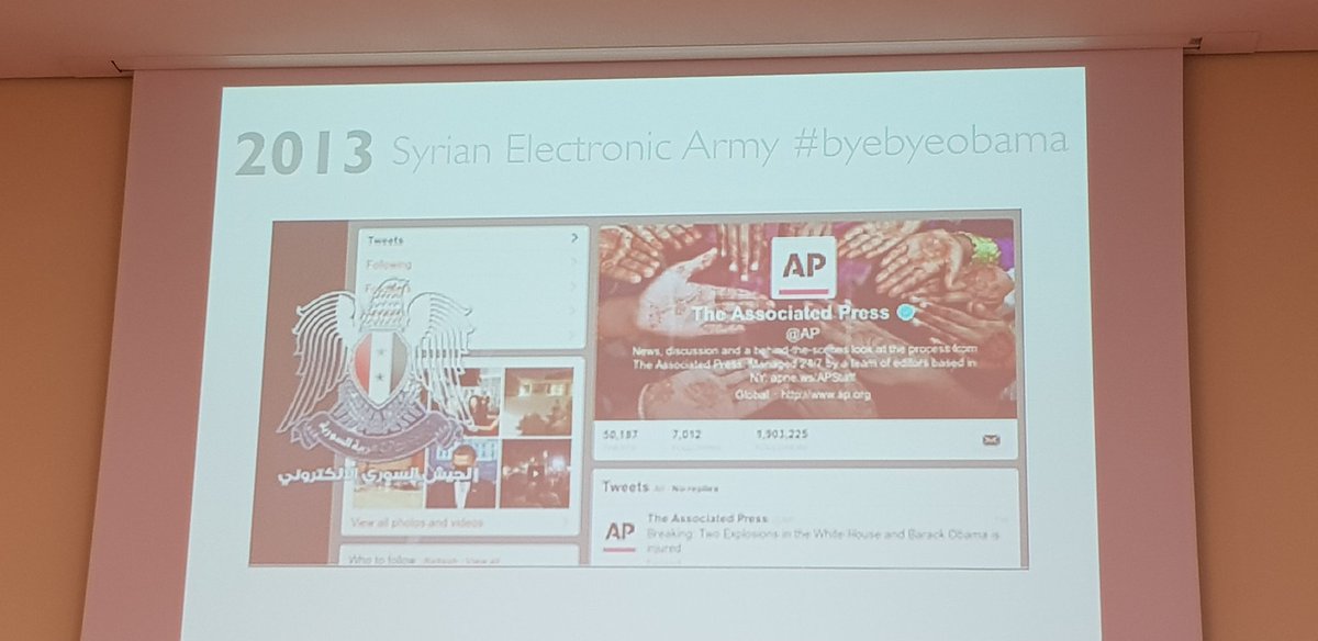 JongeAtlantici's tweet photo. .@jajelle draws up 2013 @AP case when Syrian Electronic Army took control over the account. #ByeByeObama costed USD 140bn on automated stock exchange. Virtual domain is as damaging and disruptive, if not more as the kinetic domain. @NATO_C2COE #C2COE #CP2035 https://t.co/ohPvC9s3Iu