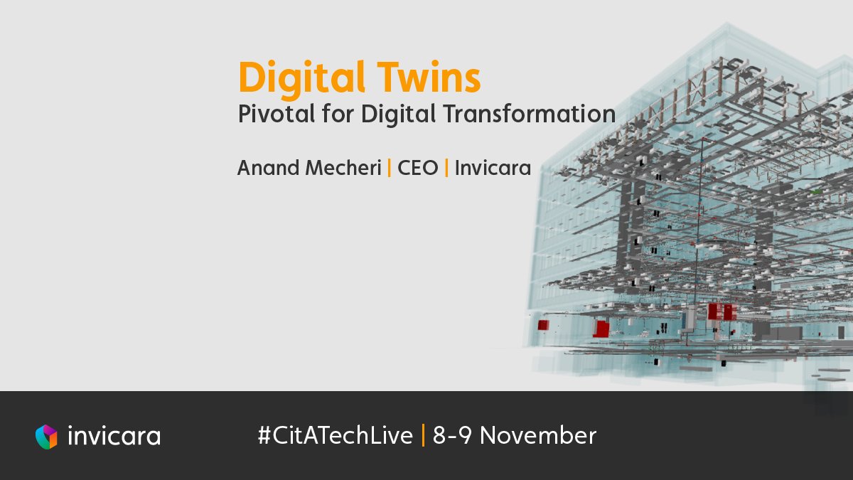 Invicara's tweet image. It&apos;s day 1 of #CitATechLive! Make sure to join &quot;Digital Twins - Pivotal for digital transformation,&quot; with Anand Mecheri this morning at 9:50, and visit stand 14 to discuss how to eliminate #datasiloes with a #digitaltwin of your building.