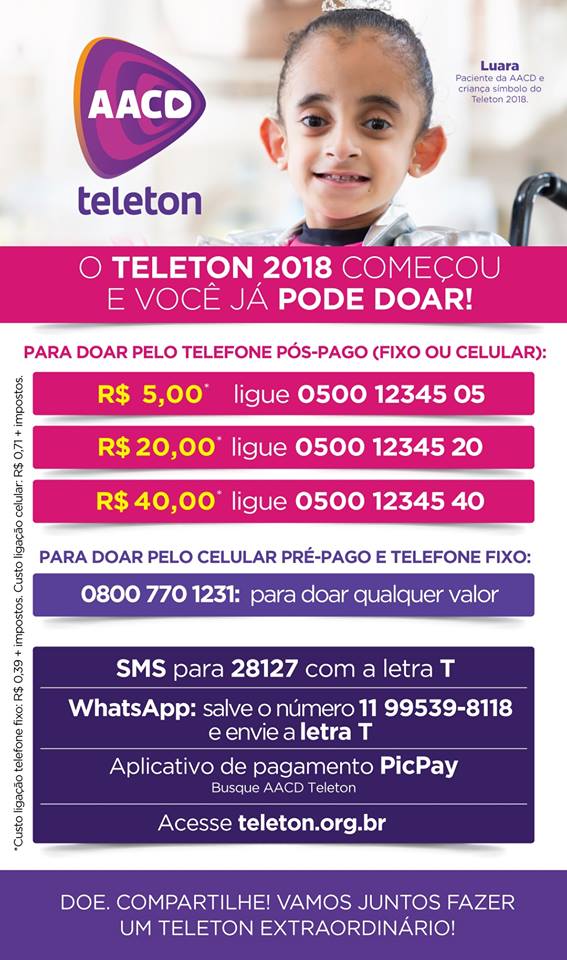 Amanhã e sábado acontece o @TeletonOficial 2018! A @vivobr fornece toda estrutura do 0800 para atendimento as ligações. <3 Abaixo como você consegue doar: do fixo, do celular, por SMS e até pelo ZAP! :)