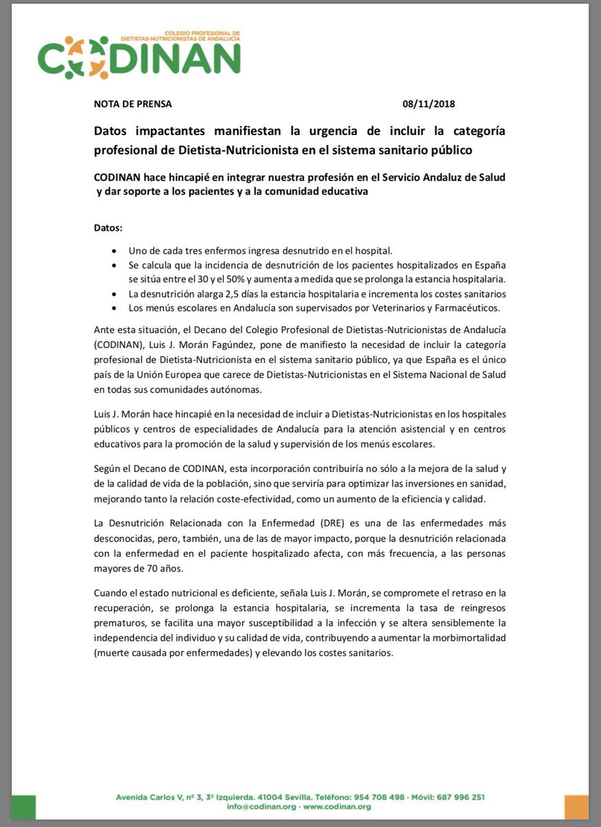 DN_Andalucia's tweet photo. NOTA DE PRENSA: NECESIDAD DEL DIETISTA-NUTRICIONISTA EN EL SAS @saludand 
Tras la intervención del Decano d CODINAN D. Luis J. Morán @NutricionMoran en @laSextaTV @telovasacomer con @albertochicote CODINAN publica nota de prensa: 
https://t.co/KzkTl3VaBz
#Comerenhospitales https://t.co/8pM807JuIn