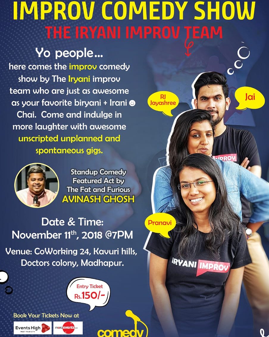 ComicAccountant's tweet photo. This Sunday (11.11.18) at 7 PM, Improv comedy show at Coworking24, Kavuri Hills, Madhapur, Hyderabad.
This will be fun, please come !
#improv #comedy #events #eventshigh https://t.co/h7E80m3tzO