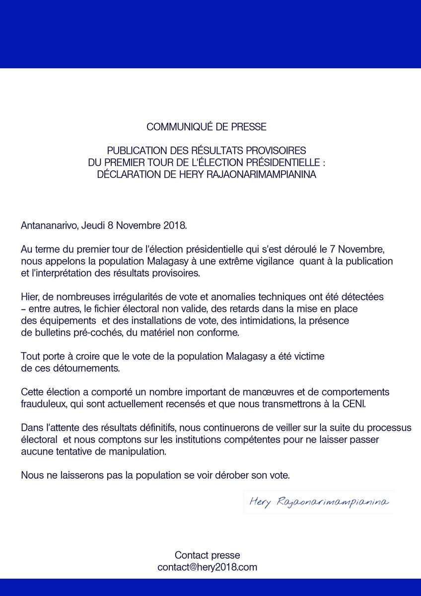 Voromahery_'s tweet photo. Communiqué de presse.
Le président Hery #Rajaonarimampianina dénonce des irrégularités dans le vote d'hier.
#Mdg2018 https://t.co/ibQNdRndCD