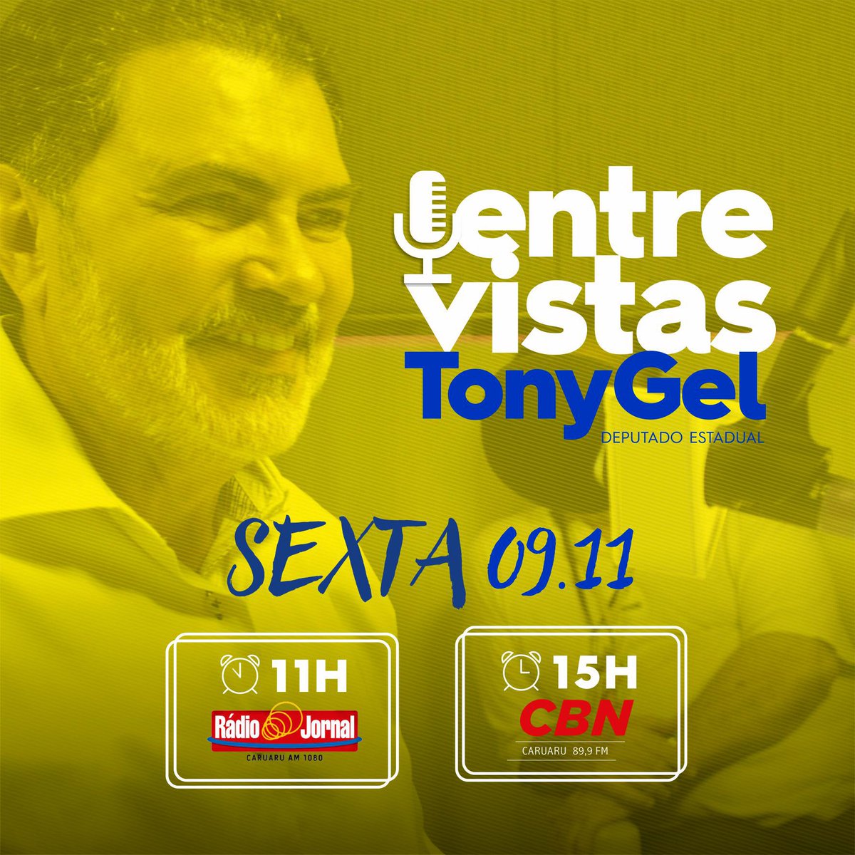 TonyGel_'s tweet photo. Amigos e amigas, nesta sexta-feira (09), temos um encontro marcado! A partir das 11h da manhã, serei entrevistado na Rádio Jornal de Caruaru AM 1080. À tarde, às 15h, estarei na CBN Caruaru 89,9 FM. Conto com o prestígio e audiência de vocês. #Entrevista #TonyGel https://t.co/SvNcggS4Sg