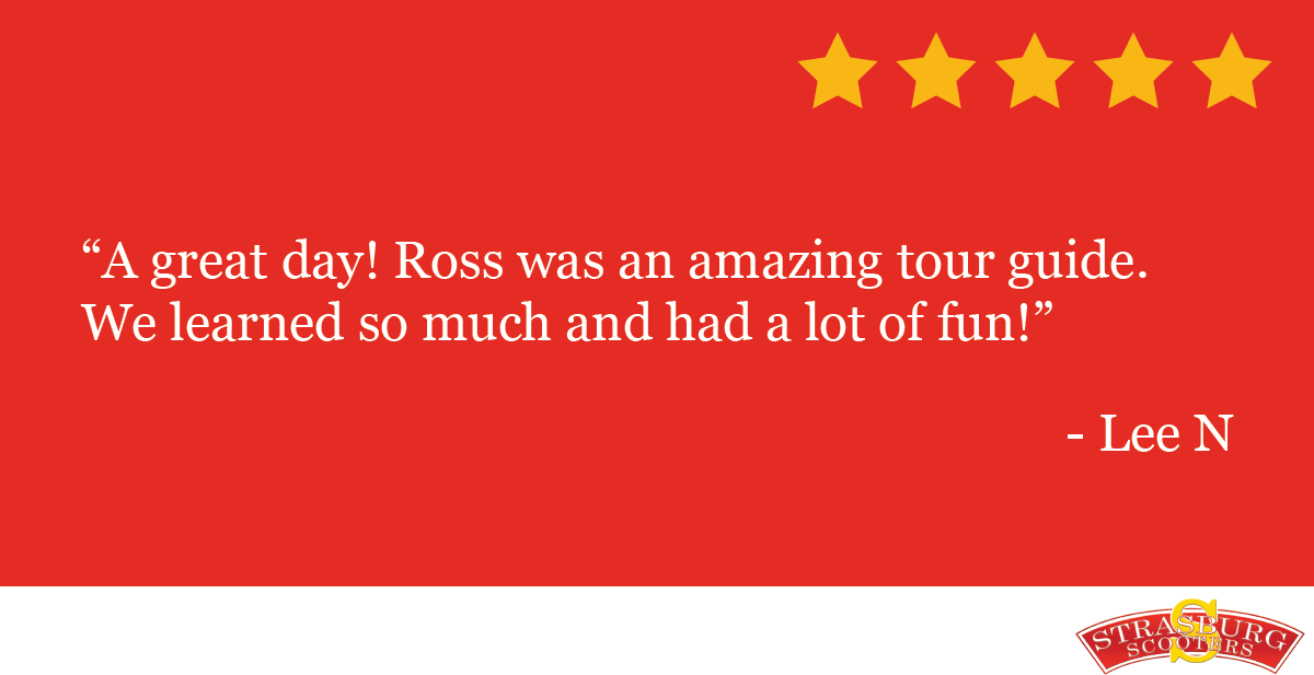 StrasburgScoots's tweet photo. Thank you for the wonderful Facebook review, Lee! We are so happy you had a great time! Check out our other scooter tours at: https://t.co/ub6FKiQeYR https://t.co/bN4oLcMzMV