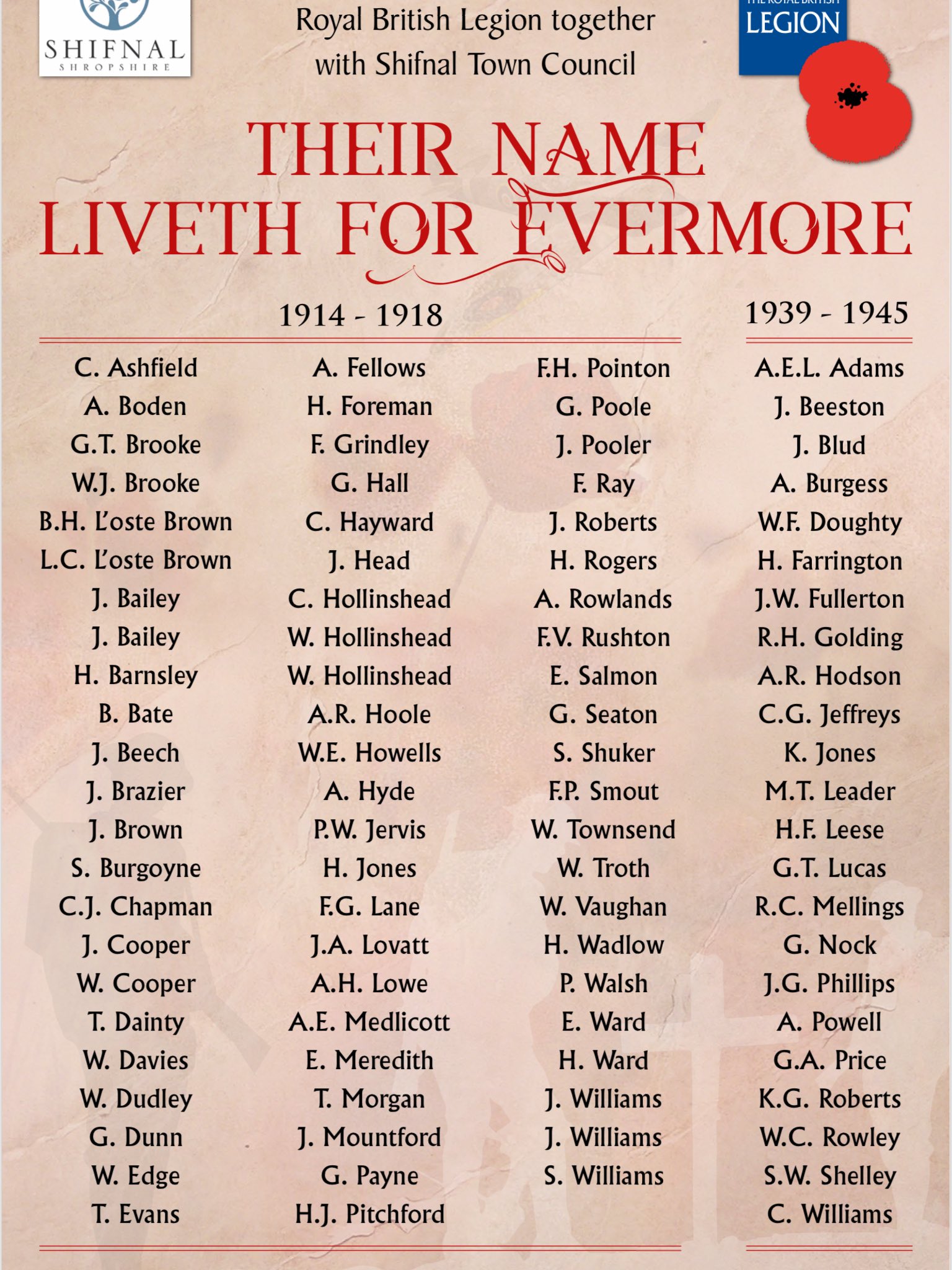 Chris Thorpe Shifnal Town Council In Partnership With Churches Together And The Shifnal Branch Of The Royal British Legion Respectfully Acknowledge The Great Debt That Our Community Owes To The