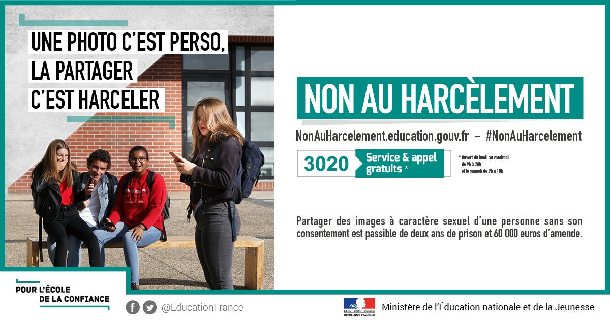 Interieur_Gouv's tweet image. Tous mobilisés pour dire #NonAuHarcèlement : à l'école et sur Internet, ouvrez l'oeil ! Si vous êtes témoin d'une situation de harcèlement, vous pouvez agir !
Elèves, parents, professionnels, contactez le 3⃣0⃣2⃣0⃣ (appel gratuit)
➡️ nonauharcelement.education.gouv.fr