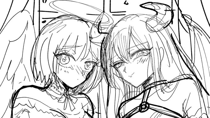 ティアの新刊の口絵ラフです～、天使の乃亜&悪魔の瑠奈子。入稿日までにこの絵が間に合ったら口絵がつきます(表紙と本文はもう大丈夫なので、トラブル等なければ新刊は出ます) 