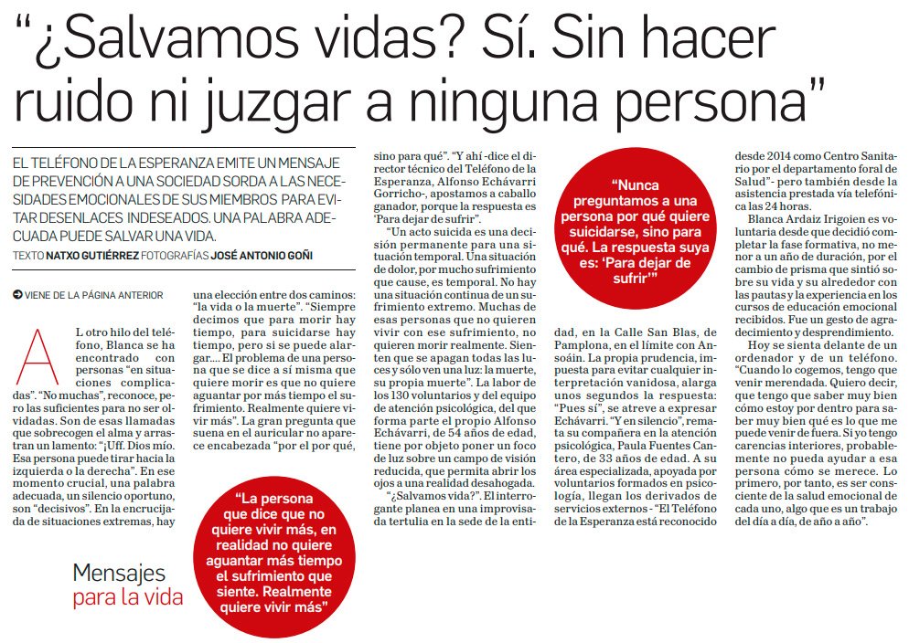 cop_navarra's tweet photo. El equipo de atención psicológica del @Tel_Esperanza de Navarra explicó el domingo en @DiariodeNavarra cómo es su intervención con las personas que contactan con ellos y que contemplan la opción del #suicidio. https://t.co/xP7KvT8sjD