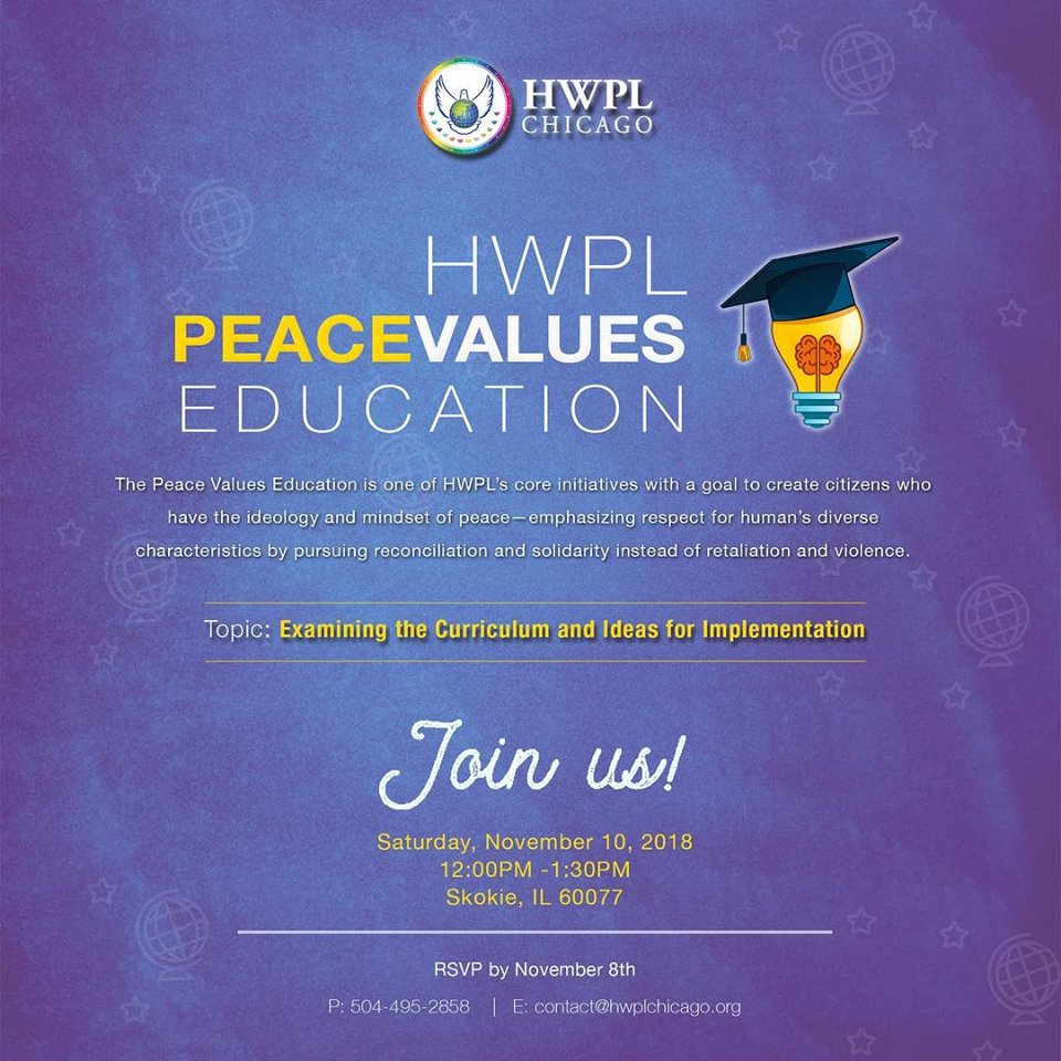To all Chicago-based friends working in the education, youth programme, non-profit, nonviolence or peace sectors, HWPL’s Peace Values Education will take place this Saturday November 10th.
#HWPL #DPCW #WorldPeace #HWPLChicago #Peace