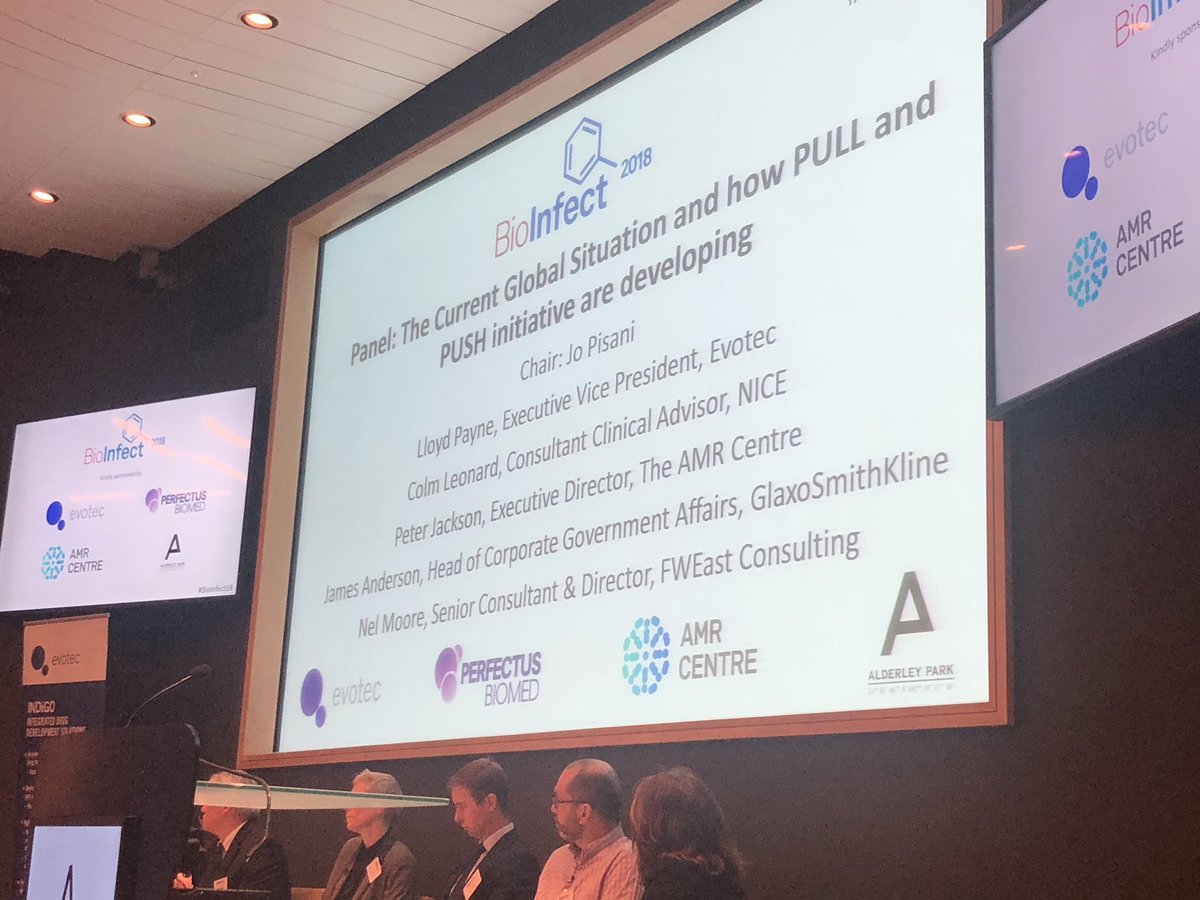 Bionow's tweet photo. Our initial #BioInfect18 panel of the day - thanks to Lloyd Payne @EvotecAG Colm Leonard @NICEcomms Pete Jackson @TheAMRCentre James Anderson @GSK Nel Moore FWEast Consulting Jo Pisani @strategyand @PwC https://t.co/kYm6hVUmUy