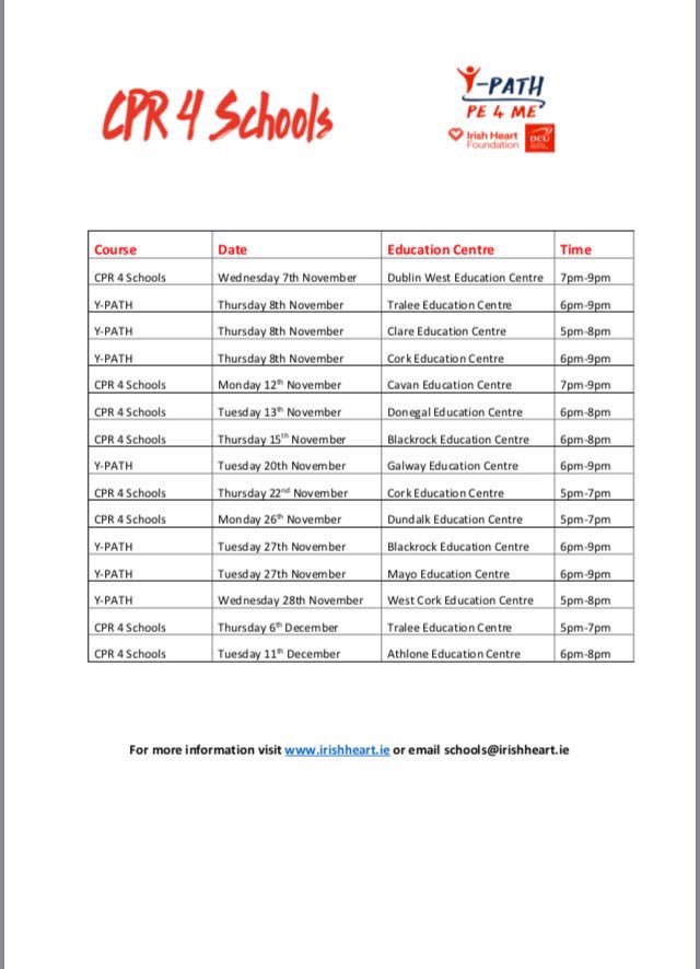 PDSTPostprimPE's tweet photo. Calling PE teachers interested in promoting adolescent health or secondary school teachers interested in CPR for schools. Here are available dates and locations for upcoming @Irishheart_ie @PDSTie @PEAI_IRELAND #YPATHPE4ME and #CPR for schools workshops. Please share 🏃♀️ 🏃🏼 ❤️ 💪🏻 https://t.co/dLJgRqRsJG
