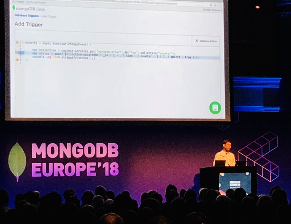 jeffcotrupe's tweet photo. #Triggerevent: @eliothorowitz speaks to @MongoDB #Stitch Triggers at #MDBE18 https://t.co/nMJj6mcNvY