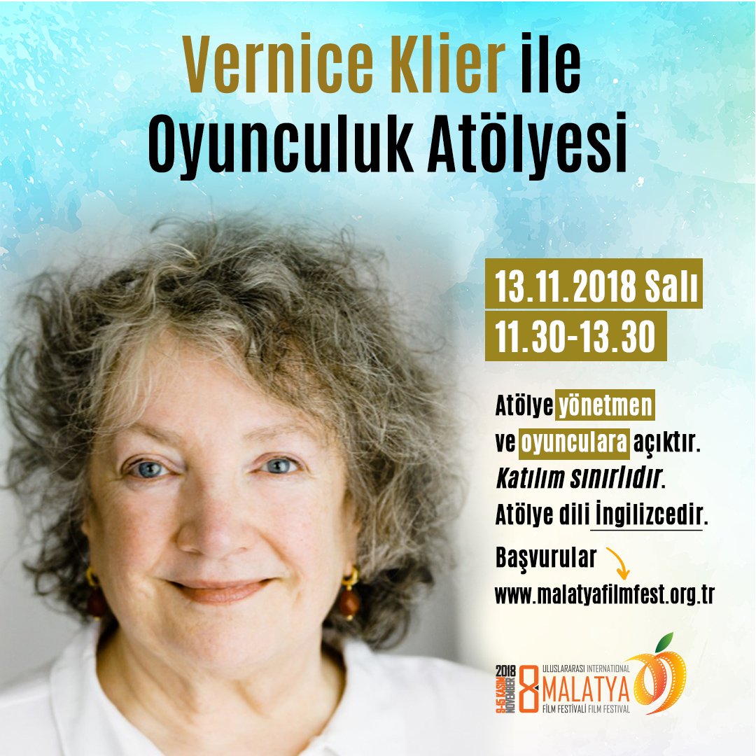 Vernice Klier ile Oyunculuk Atölyesi

13.11.2018 Salı / 11.30 - 13.30 
Atölye yönetmen ve oyunculara açıktır.
Katılım sınırlıdır. Atölye dili İngilizcedir.
Başvurular malatyafilmfest.org.tr
#malatyafilmfest #MUFF2018