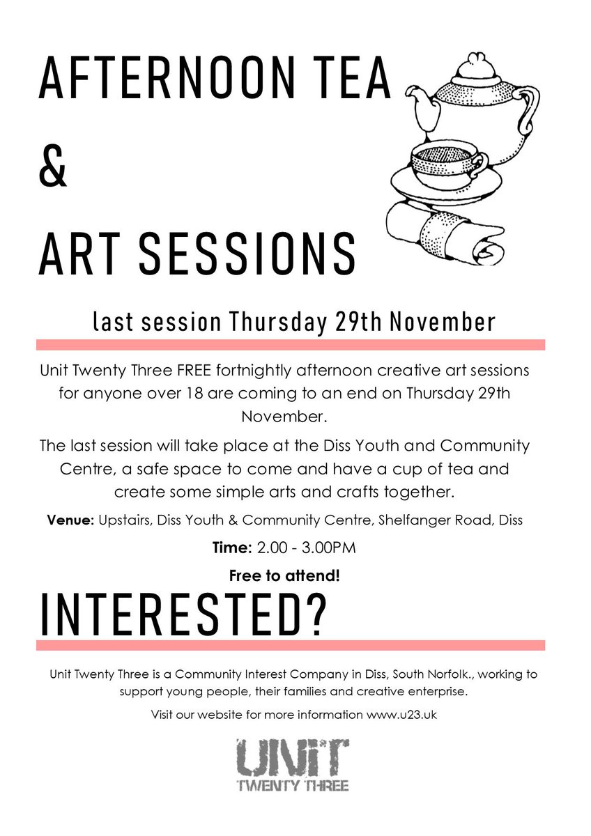 Our last Afternoon Tea and Art session takes place tomorrow at the DYCC, Diss, 2-3PM. FREE to attend for anyone 18+ - Creative arts and crafts, a cuppa &amp; a chat #SouthNorfolk #Diss #Creative