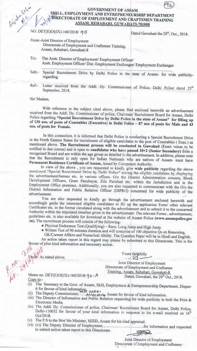 DcWestKA's tweet photo. "Special Recruitment Drive by Delhi Police in the State of Assam" for filling up of 130 nos. of post of Constables (Executive) in Delhi Police- 87 nos. of posts for Male and 43 nos. of post for Female. https://t.co/6sFJKR5KrG