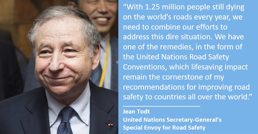 UNECE's tweet image. Today, 2 key #UN road safety Conventions turn 50.
Learn why for @JeanTodt, @UN Secretary-General’s Special Envoy for #RoadSafety, their lifesaving impact is essential for improving road safety in countries all over the world
unece.org/?id=50376